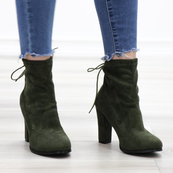 Round Toe Olive Suede Ankle Heeled Boots, Booties - Picture 3 of 13
